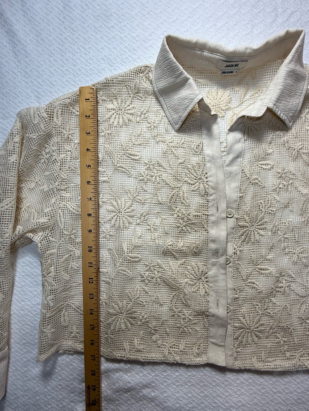 Jason Wu Ivory Floral Embroidered Lace Cropped Button Front Blouse L - Picture 9 of 10